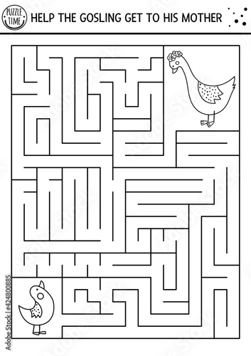 Mothers day black and white maze for children. Holiday preschool printable activity. Funny family love line game or coloring page with cute birds. Mother and baby labyrinth. Help goose get to mom.