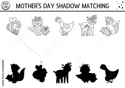 Mothers day black and white shadow matching activity for children. Fun spring line coloring page with cute mother and baby animals. Family love game for kids. Find correct silhouette printable. .
