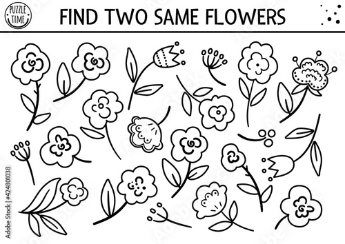 Find two same flowers. Mothers day black and white matching activity for children. Funny spring line logical quiz worksheet for kids. Simple printable game or coloring page with cute plants.