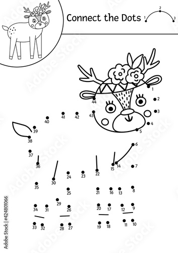 Vector dot-to-dot and color activity with cute deer. Spring holiday connect the dots game for children with funny forest animal. Woodland coloring page for kids. .