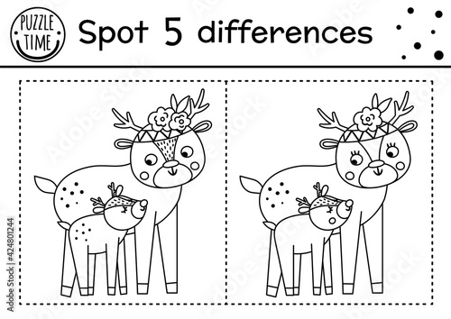 Mothers day find differences game for children with cute animals. Holiday black and white activity and coloring page with baby deer and mother. Spring printable worksheet showing family love. .