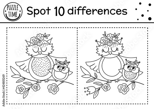 Mothers day find differences game for children with cute birds. Holiday black and white activity and coloring page with baby owl and mother. Spring printable worksheet showing family love. .