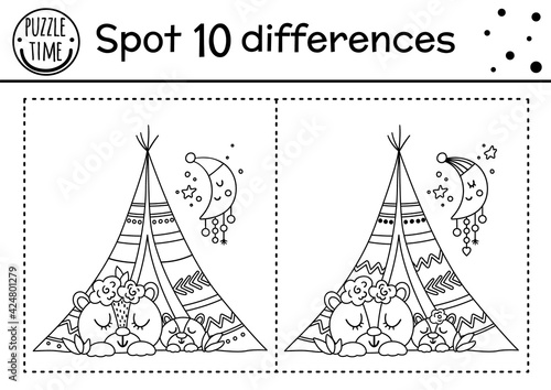 Mothers day find differences game for children with cute animals. Holiday black and white activity and coloring page with baby bear and mother in wigwam. Spring worksheet showing family love. .