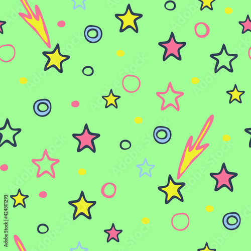 Seamless vector pattern with simple baby stars on pastel green background. Cute baby shower wallpaper design for children. Cheerful cartoon bedroom fashion textile.