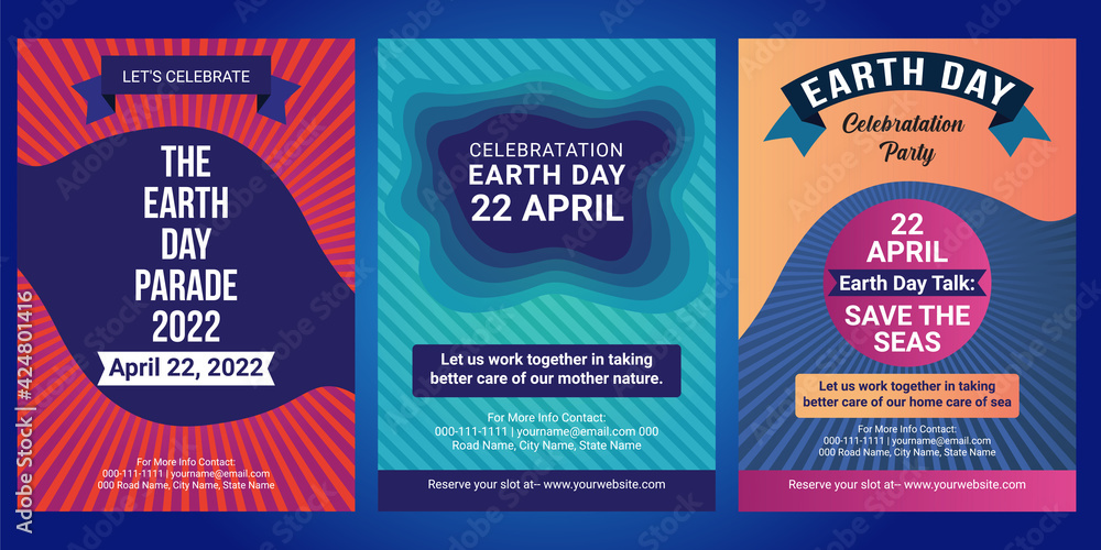 Happy Earth Day flyer design template set, Earth day vector poster design set. Celebrate Earth day poster card design set.