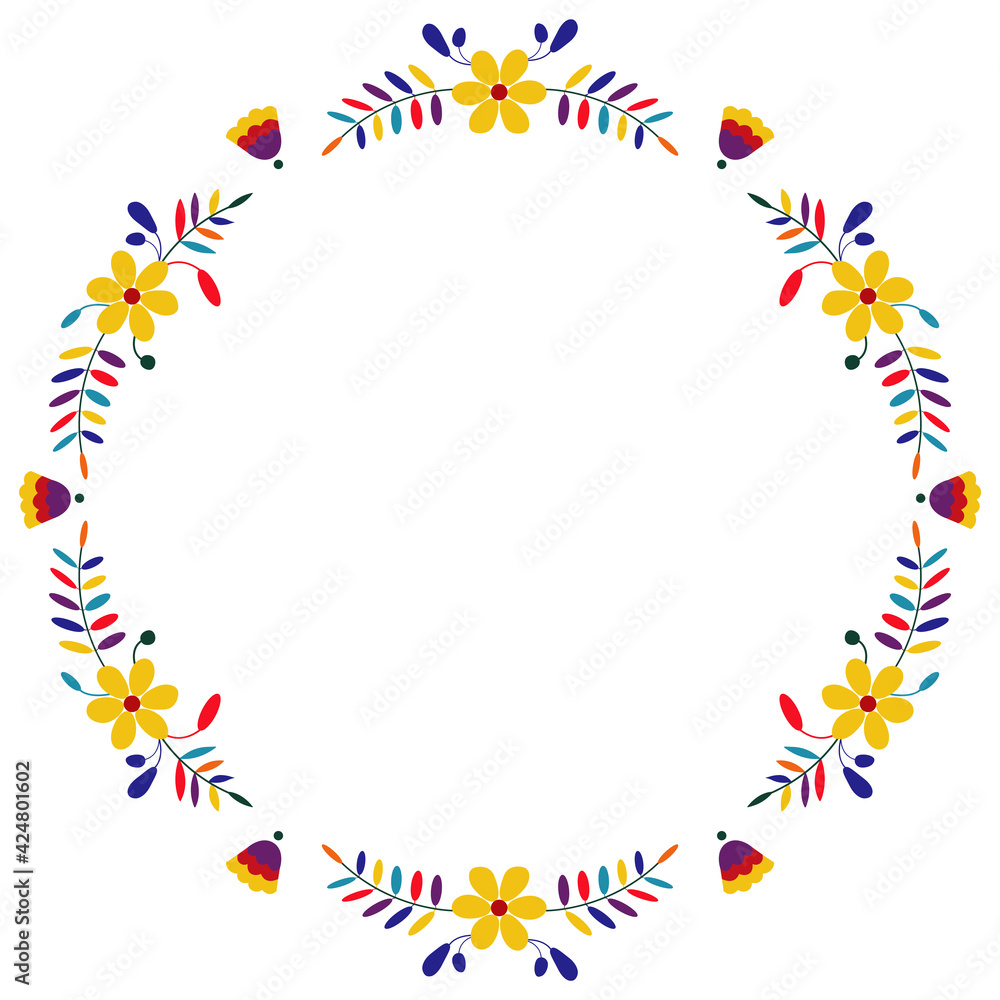 Embroidery round floral frame border. Mexican Otomi embroidery. Folk embroidery pattern. Ethnic embroidery floral elements.