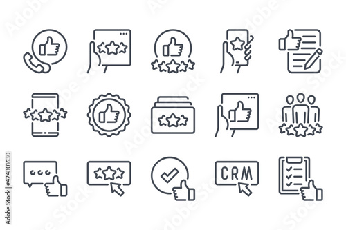 Testimonials and feedback line icon set. Customer Satisfaction and Service Rating linear icons. Review and Customer relationship management outline vector sign collection.