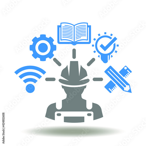 Worker or engineer with educational technology signs vector icon. Industry Engineering Learning Symbol. Professional industrial multitasking logo.