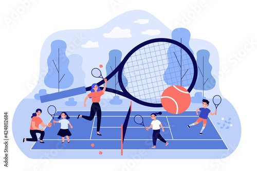 Coaches and children playing at tennis court. Adults teaching kids play tennis with rackets and balls in summer camp. Sport, group activity, training and education flat vector colorful illustration