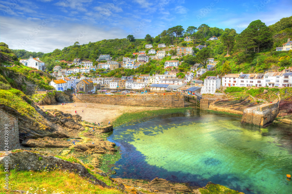 Polperro Cornwall beautiful English harbour in bright colourful HDR England UK