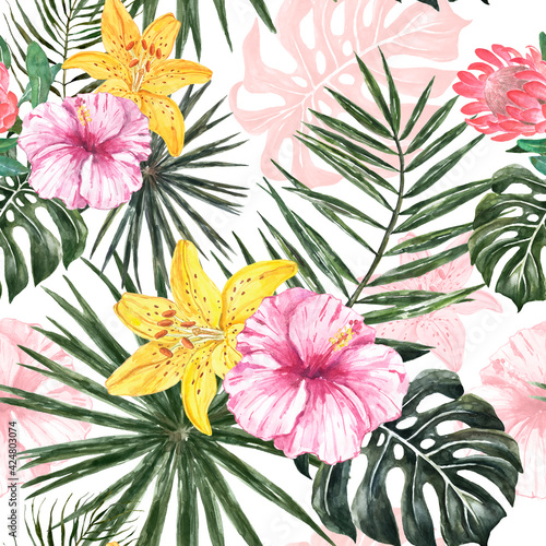 Watercolor Tropical leaf print with white background. Trendy summer botanical seamless pattern. Palm leaves and green foliage plants, pink and yellow exotic flowers and plants painting. © Anna Nekotangerine