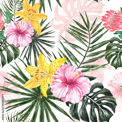 Watercolor Tropical leaf print with white background. Trendy summer botanical seamless pattern. Palm leaves and green foliage plants  pink and yellow exotic flowers and plants painting.