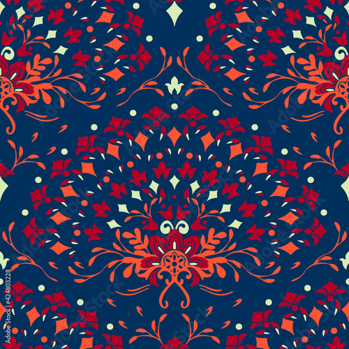 Seamless vector pattern with floral hand fan on dark blue background. Romantic flower curve wallpaper design. Decorative tribal fashion textile.
