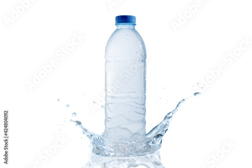 White background photos Water bottle hitting the ground, splash water, blue isolated. Have clipping path.