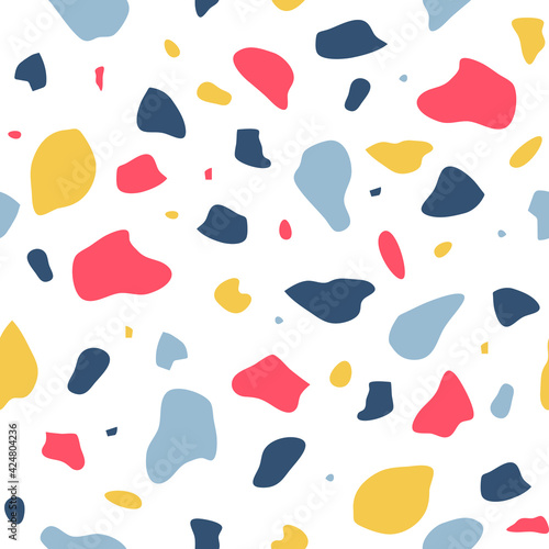 Seamless vector pattern with colourful terrazzo texture on white background. Simple mosaic grid wallpaper design. Decorative stone wall fashion textile.