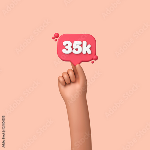 Hand holding a 35k social media followers banner label. 3D Rendering photo