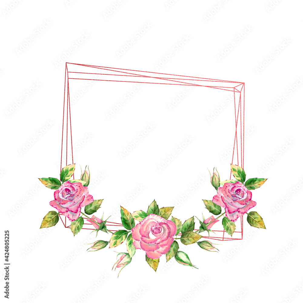 The geometric frame is decorated with flowers. Pink roses, green leaves, open and closed flowers. Delicate watercolor illustration The geometric frame is decorated with flowers. Pink roses, green leaves, open and closed flowers. Delicate watercolor illustration