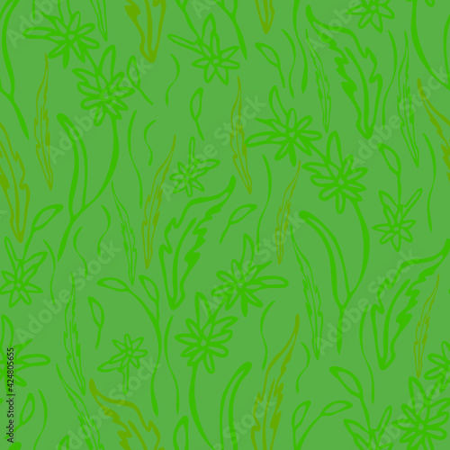 Seamless vector pattern with flower meadow texture on green background. Simple grass wallpaper design. Soft summer field fashion textile.