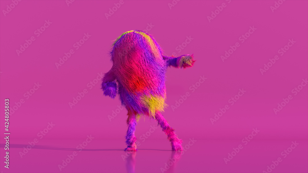 Obraz premium Cheerful colorful hairy cartoon dancing character, furry animal, having fun, furry mascot 3d illustration. Modern minimalist design.