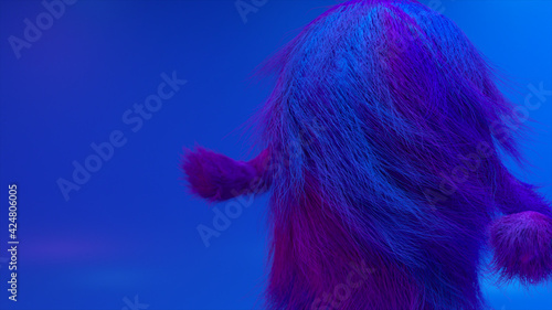 Cheerful colorful hairy cartoon dancing character close up, furry animal, having fun, furry mascot animation. Modern minimalist design. Flashing neon club light. 3d illustration