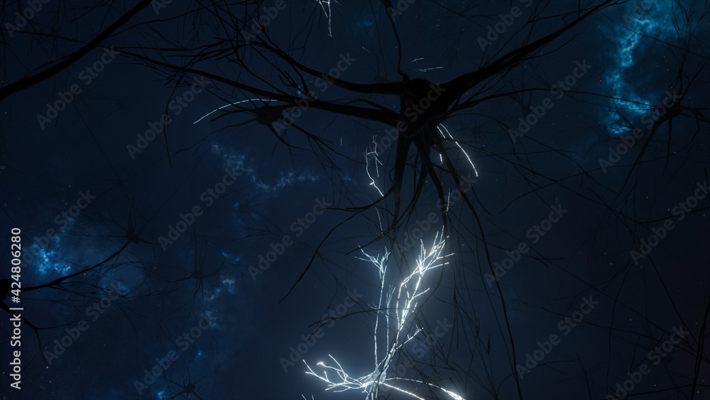 3d illustration of the activity of neurons and synapses. Neural connections in outer space, radioactivity, neurotransmitters, brain, axons. Electrical impulses transmitting signals. Mind concept. 3d illustration of the activity of neurons and synapses. Neural connections in outer space, radioactivity, neurotransmitters, brain, axons. Electrical impulses transmitting signals. Mind concept.