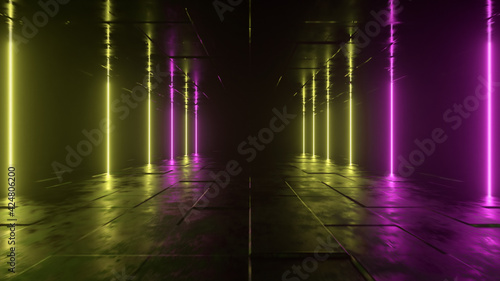 Fototapeta Naklejka Na Ścianę i Meble -  Futuristic sci fi bacgkround. Pink yellow neon lights glowing in a room with concrete floor with reflections of empty space. Alien, Spaceship, Future, Arch. Progress. 3d illustration