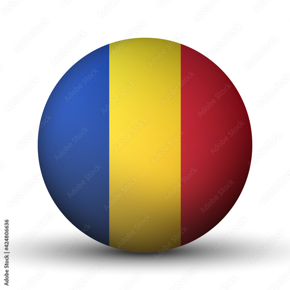 Glass light ball with flag of Romania. Round sphere, template icon. Romanian national symbol. Glossy realistic ball, 3D abstract vector illustration highlighted on a white background. Big bubble Glass light ball with flag of Romania. Round sphere, template icon. Romanian national symbol. Glossy realistic ball, 3D abstract vector illustration highlighted on a white background. Big bubble