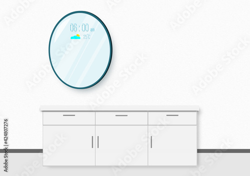 Ellipse shape smart mirror with digital time, weather icon, and temperature in the bathroom with cabinet.