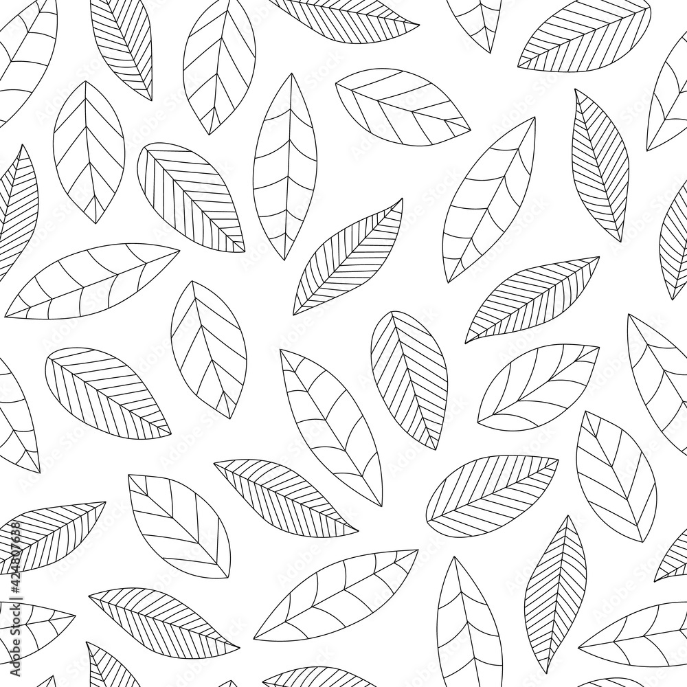 Black contour leaves seamless pattern on white background. Vector illustration. Endless abstract texture.