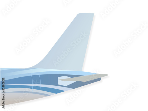 The tail of the airplane such as vertical stabilizer, horizontal stabilizer, and empennage. Blue tone color fuselage patterns. Airplane with white background.