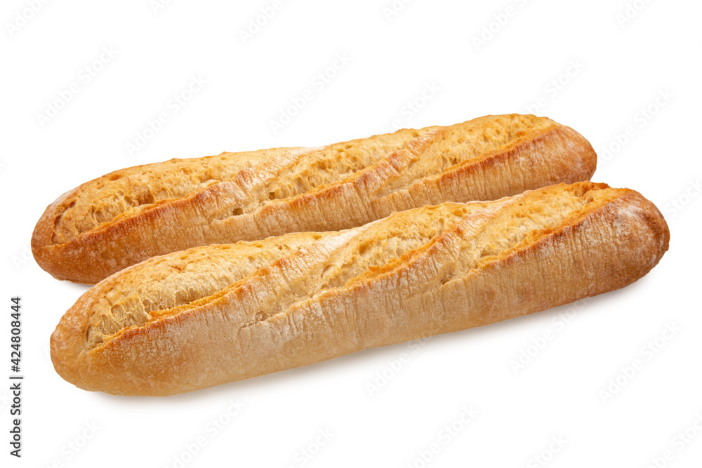 two fresh crunchy french baguette breads isolated on white two fresh crunchy french baguette breads isolated on white