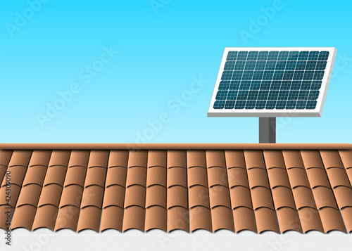 solar cell or Photovoltaics module (PV module, Solar module) on the roof with blue sky.