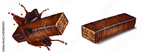 Wafers with liquid splashing in the middle isolated on white background. Vector realistic in 3d illustration.
