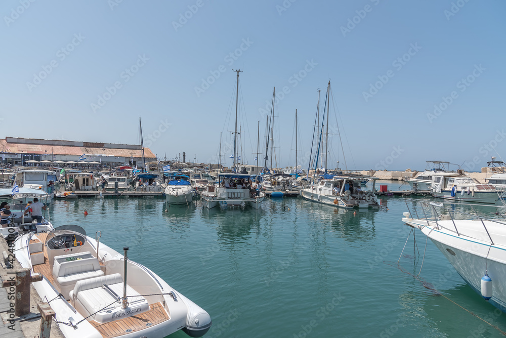 Yachts and motorboats in the port of Haifa