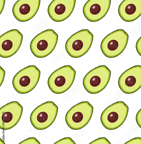 Seamless pattern with drawn avocado slises to the white background