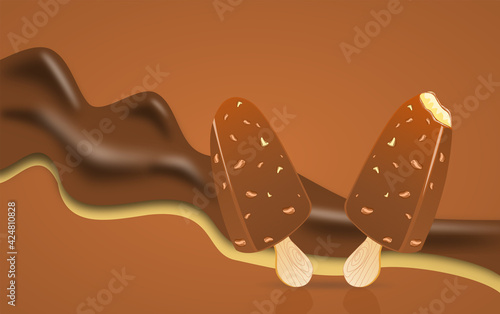 Two popsicle sticks of vanilla ice cream coated with chocolate and peanut with flowing of chocolate and vanilla liquid on brown background with free copy space. One ice cream stick has been bitten.