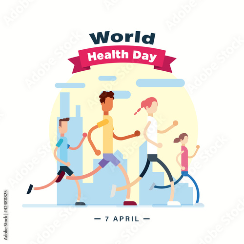 World Health Day 7 April poster  people running and jogging  morning walk illustration vector