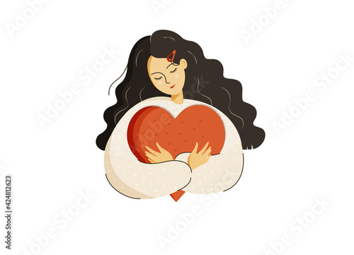 Young beautiful girl holding big red heart