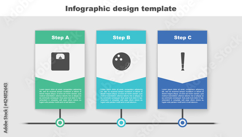 Set Bathroom scales, Bowling ball and Baseball bat. Business infographic template. Vector