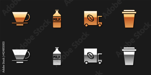 Set V60 coffee maker, Bottle with milk, Coffee street truck machine and cup to go icon. Vector