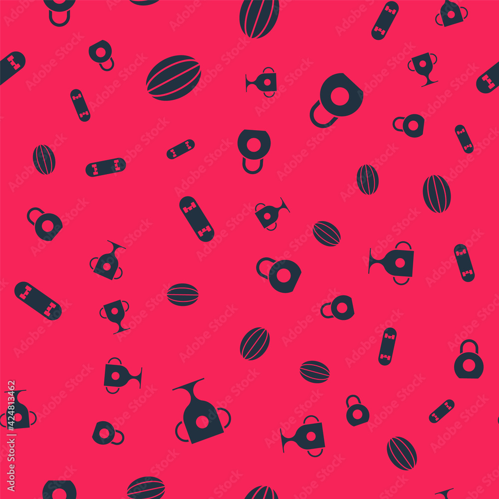 Set Award cup, Rugby ball, Skateboard trick and Kettlebell on seamless pattern. Vector Set Award cup, Rugby ball, Skateboard trick and Kettlebell on seamless pattern. Vector