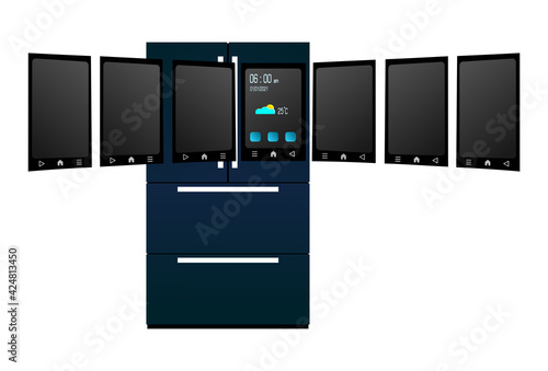 Dark blue smart refrigerator with 6 blank display templates on white background. One display show time, date, temperature, and icon.