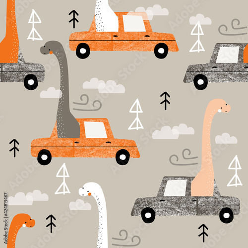 Seamless pattern with funny brachiosaurus in the car. Kids print. Vector hand drawn illustration.