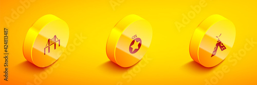 Set Isometric Golden gate bridge, Canteen water bottle and Indian teepee or wigwam icon. Vector
