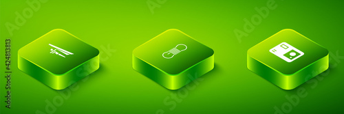 Set Isometric Climber rope, Action extreme camera and Hang glider icon. Vector