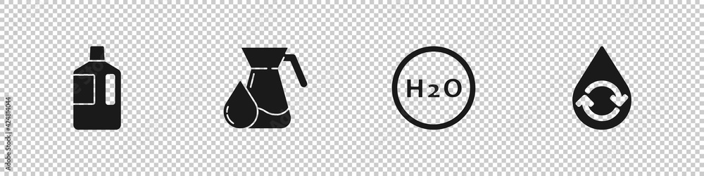 Set Big bottle with clean water, Jug glass, Chemical formula for H2O and Recycle aqua icon. Vector Set Big bottle with clean water, Jug glass, Chemical formula for H2O and Recycle aqua icon. Vector