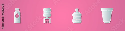 Set paper cut Bottle of water, Water cooler, Big bottle with clean and filter cartridge icon. Paper art style. Vector