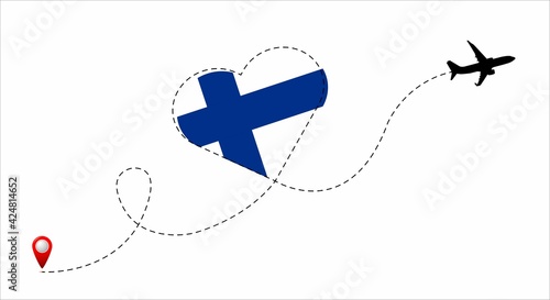 Airplane flight route with the Finland flag inside the heart. Travel to your beloved country. Vector illustration.
