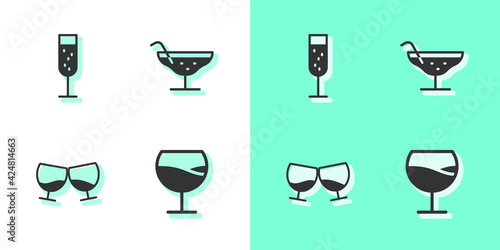 Set Wine glass, Glass of champagne, cognac or brandy and Cocktail icon. Vector