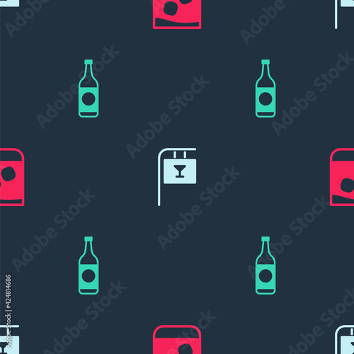 Set Glass of whiskey  Street signboard with Bar and Beer bottle on seamless pattern. Vector